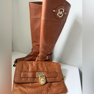 Michael Kors Stockard Leather Riding Boots and Purse Set, Brown, Size 6.5.